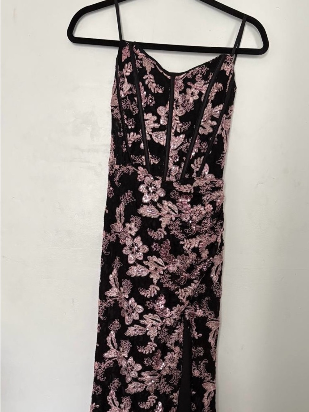 Black Dress with Pink Floral Sequin Embroidery